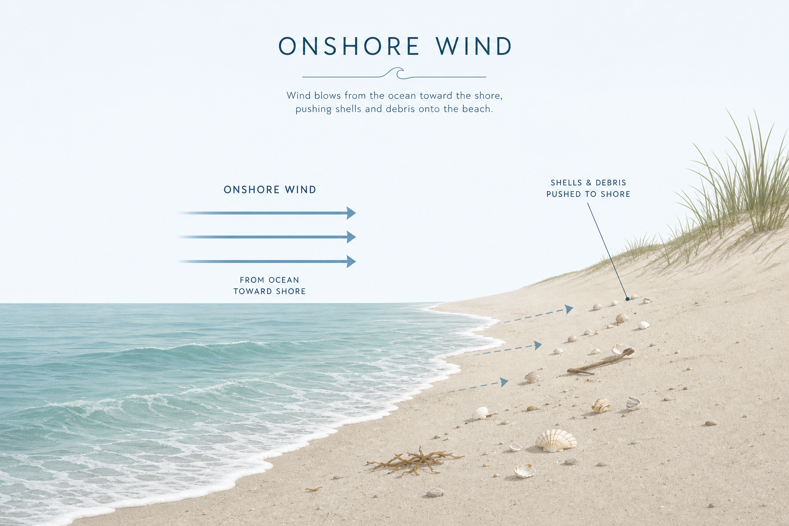 Illustration showing how onshore winds push floating shells and debris toward the beach