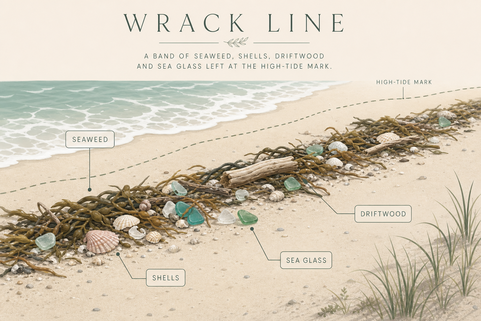 Labeled educational graphic of a wrack line showing seaweed, shells, and natural debris left by the tide