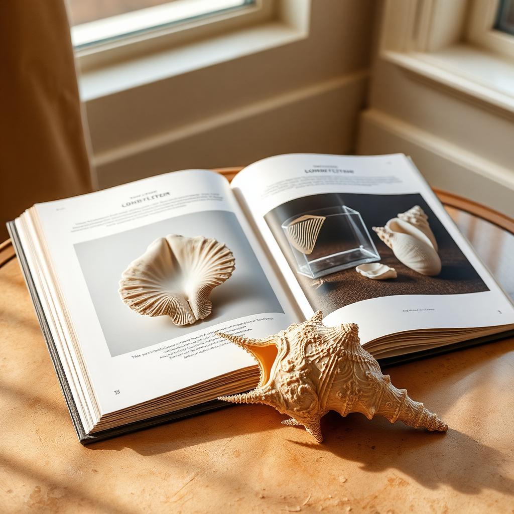 Large coffee-table book of shells open to life-size photographs beside a rare shell