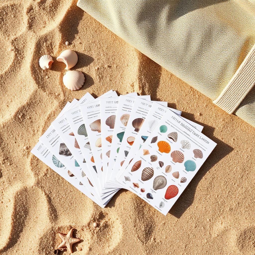 Laminated waterproof folding shell identification guides fanned out on beach sand