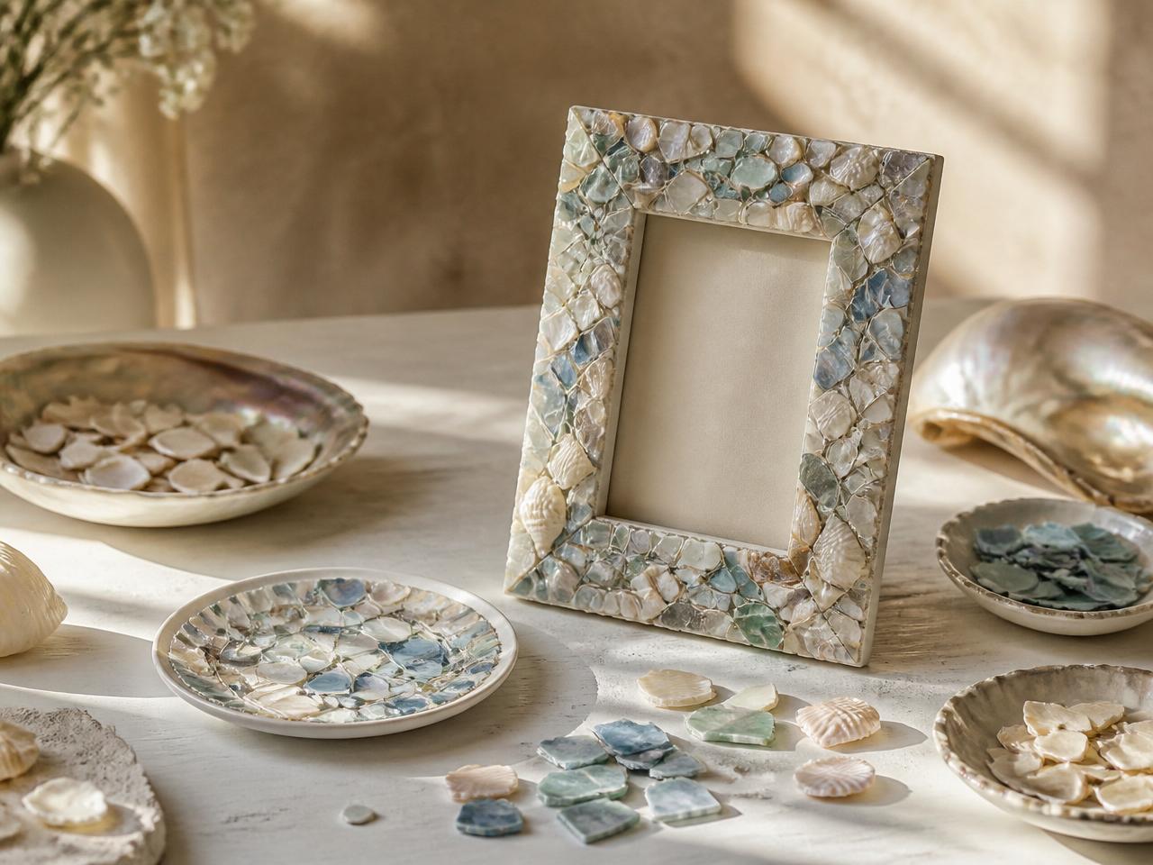Broken seashell mosaic picture frame and trinket dish being arranged on a whitewashed worktable in soft morning light
