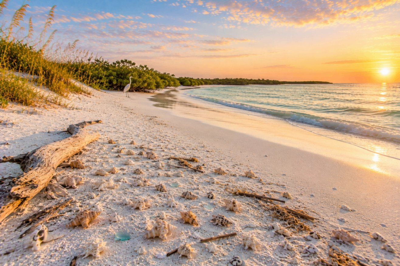 Caladesi Island State Park at sunset — an egret beside driftwood on a pristine Gulf shore dotted with shells and sea glass.