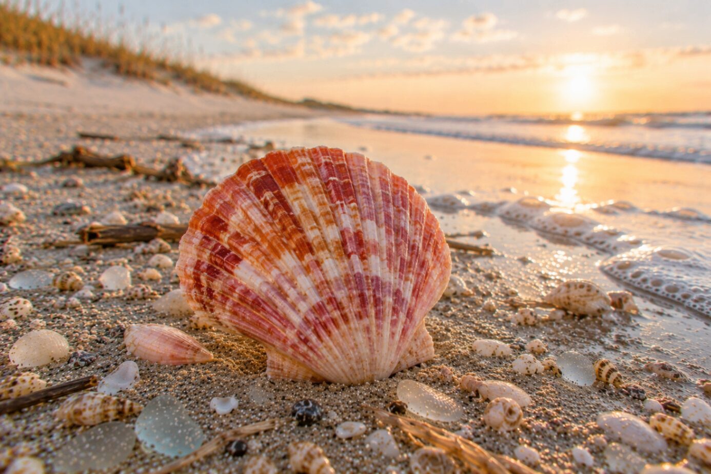A calico scallop shell mottled in deep red, orange, and cream sitting upright on damp sand as golden sunset light glints off the surf.