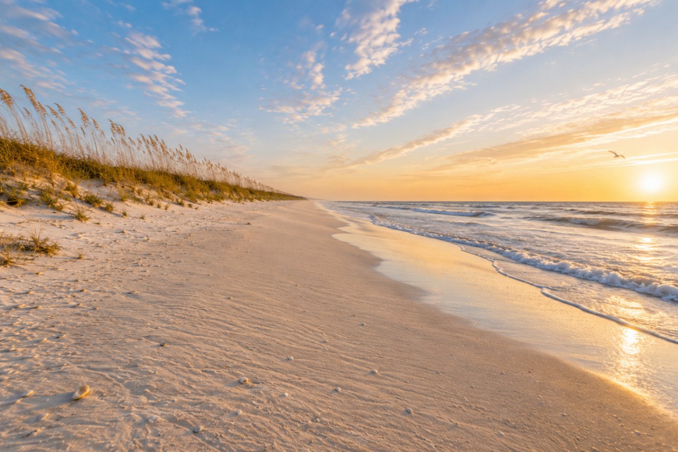 Canaveral National Seashore at sunset — undeveloped Atlantic barrier-island beach with sea-oat dunes, a long empty wrack line, and a gull skimming the surf.