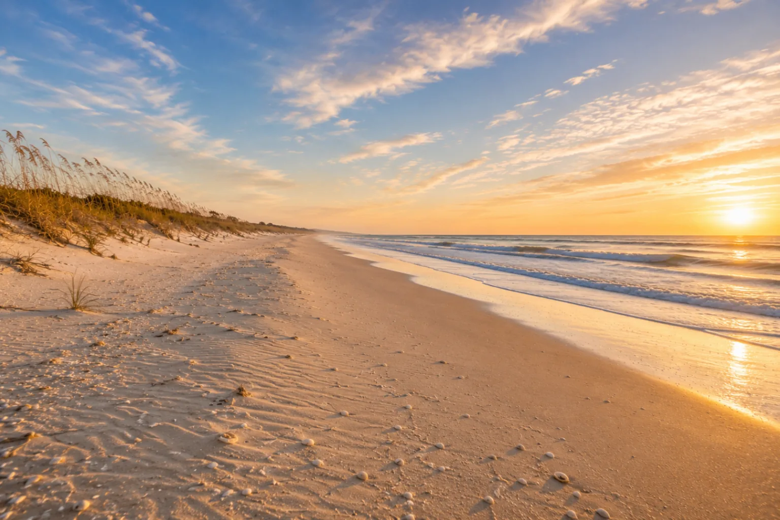 Canaveral National Seashore — an undeveloped Atlantic barrier-island beach with a long empty wrack line and low dunes.