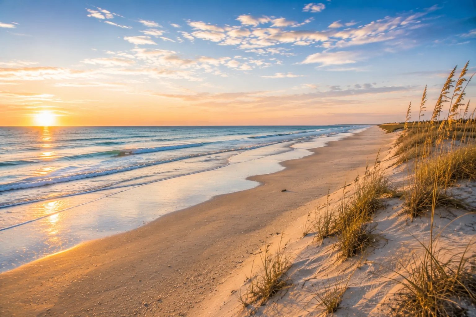 Cape Lookout National Seashore at sunset — an undeveloped Crystal Coast beach with sea oats on low dunes and calm surf catching warm light.