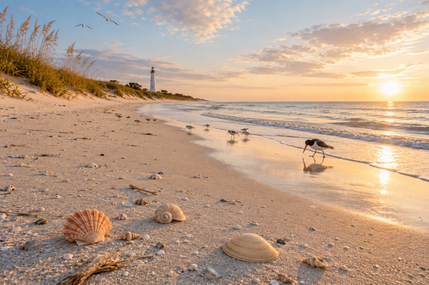 Cape May at golden hour — sanderlings feeding at the tide line with the Cape May lighthouse in the distance and scallops along the shore.