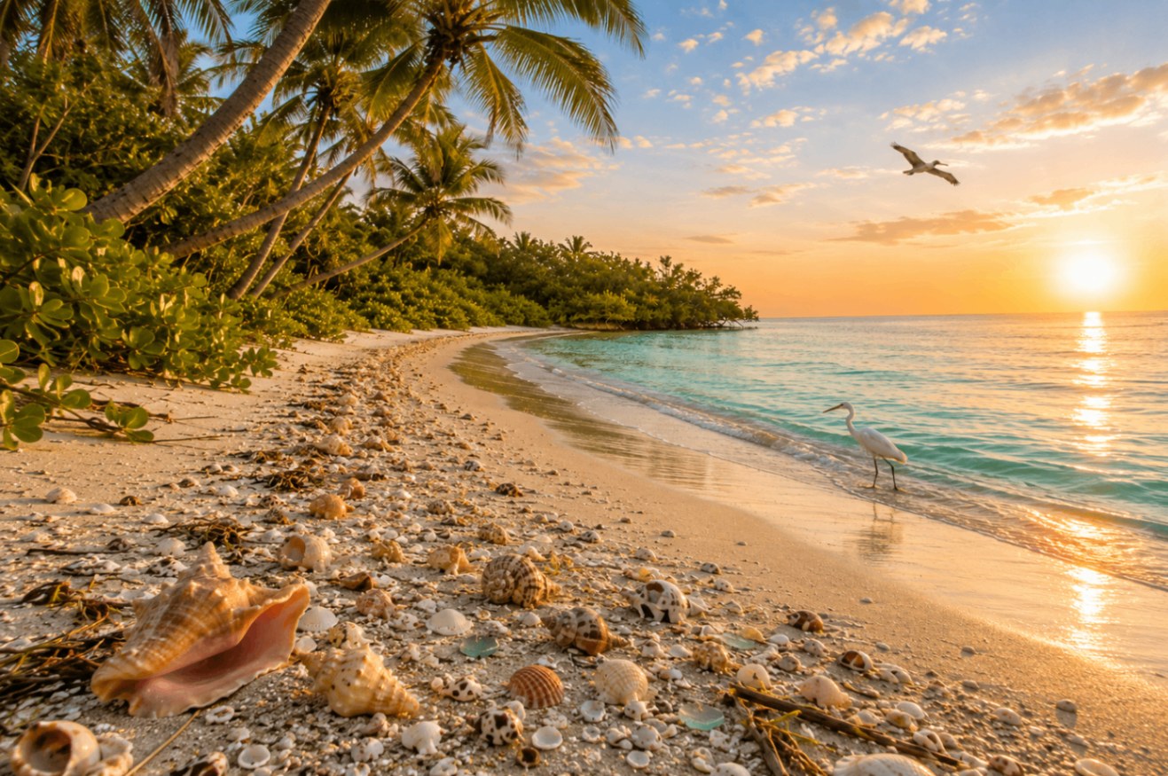 Captiva Island at golden hour — palm trees leaning over a shell-strewn Gulf shore with pelicans in flight over turquoise water.