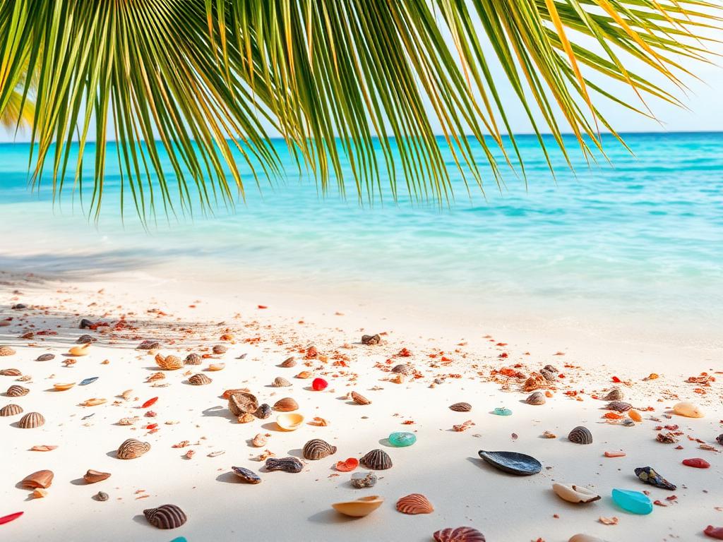 A colorful tropical Caribbean beach with shells and sea glass scattered along the shoreline