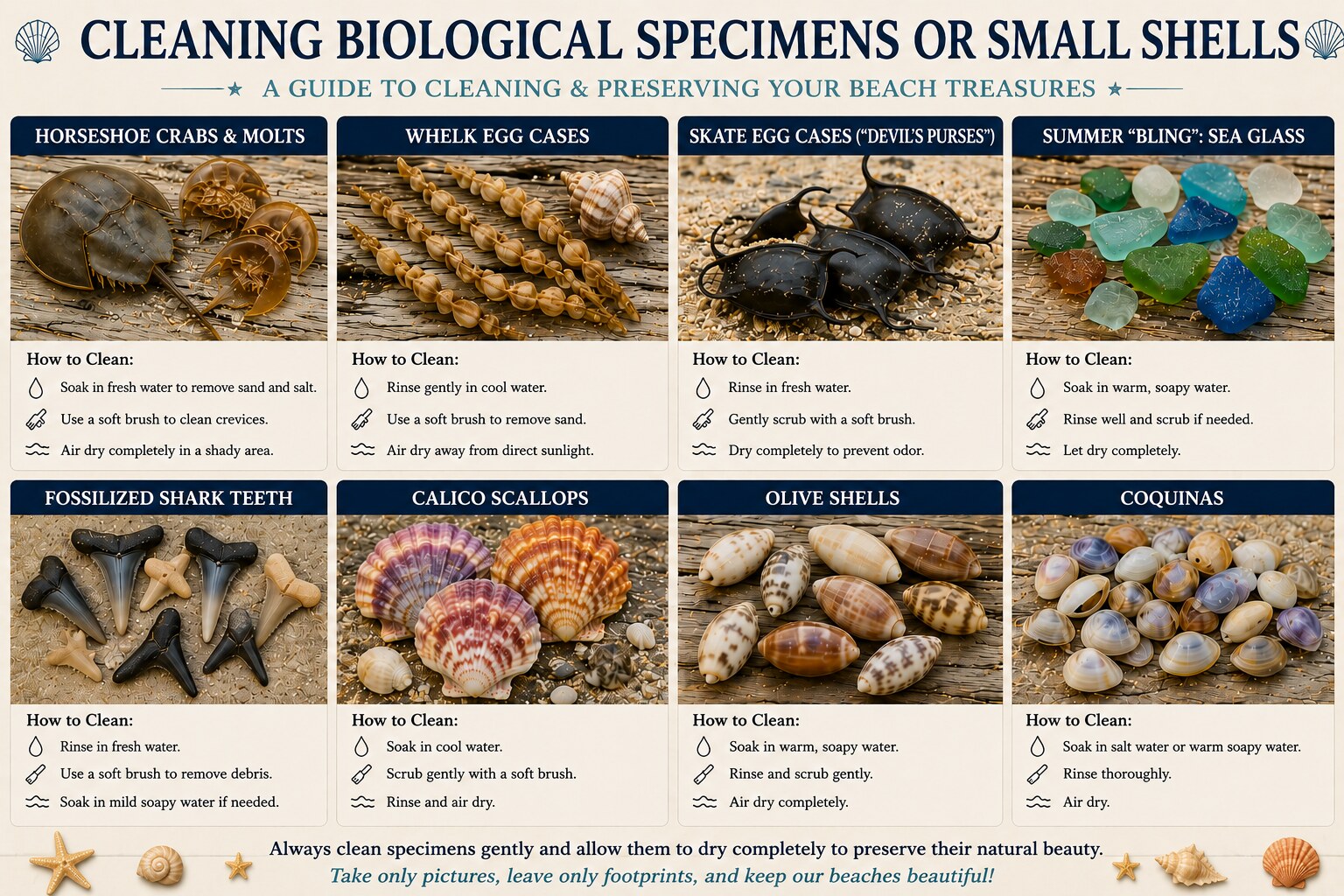 Guide chart showing how to clean biological specimens and small shells like egg cases, sea glass, shark teeth, scallops, olives and coquinas