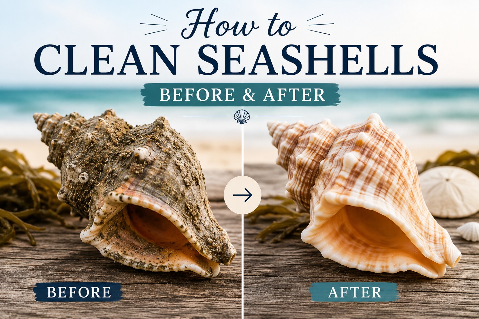 Before and after comparison of a seashell cleaned from grimy to glossy