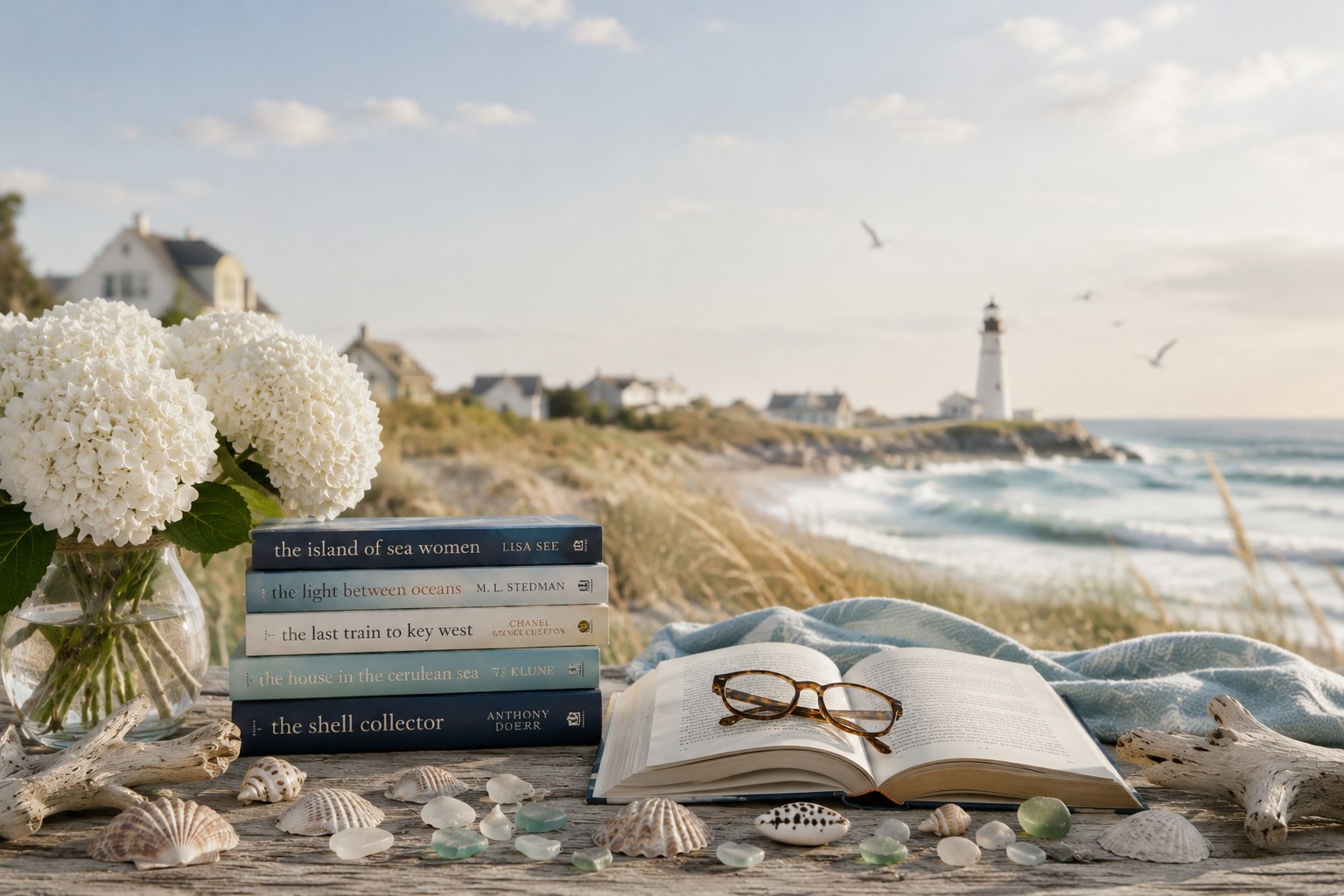 Cozy coastal cottage reading nook with a linen armchair and ocean view window