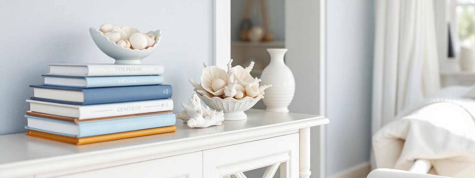 Blue and white coastal home styling with decor books, seashells, and coral on a console table