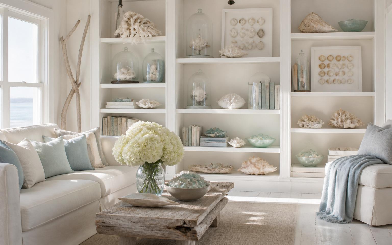 Bright coastal cottage living room with built-in white shelving displaying shell collections, glass cloches, shadow boxes, and sea glass bowls
