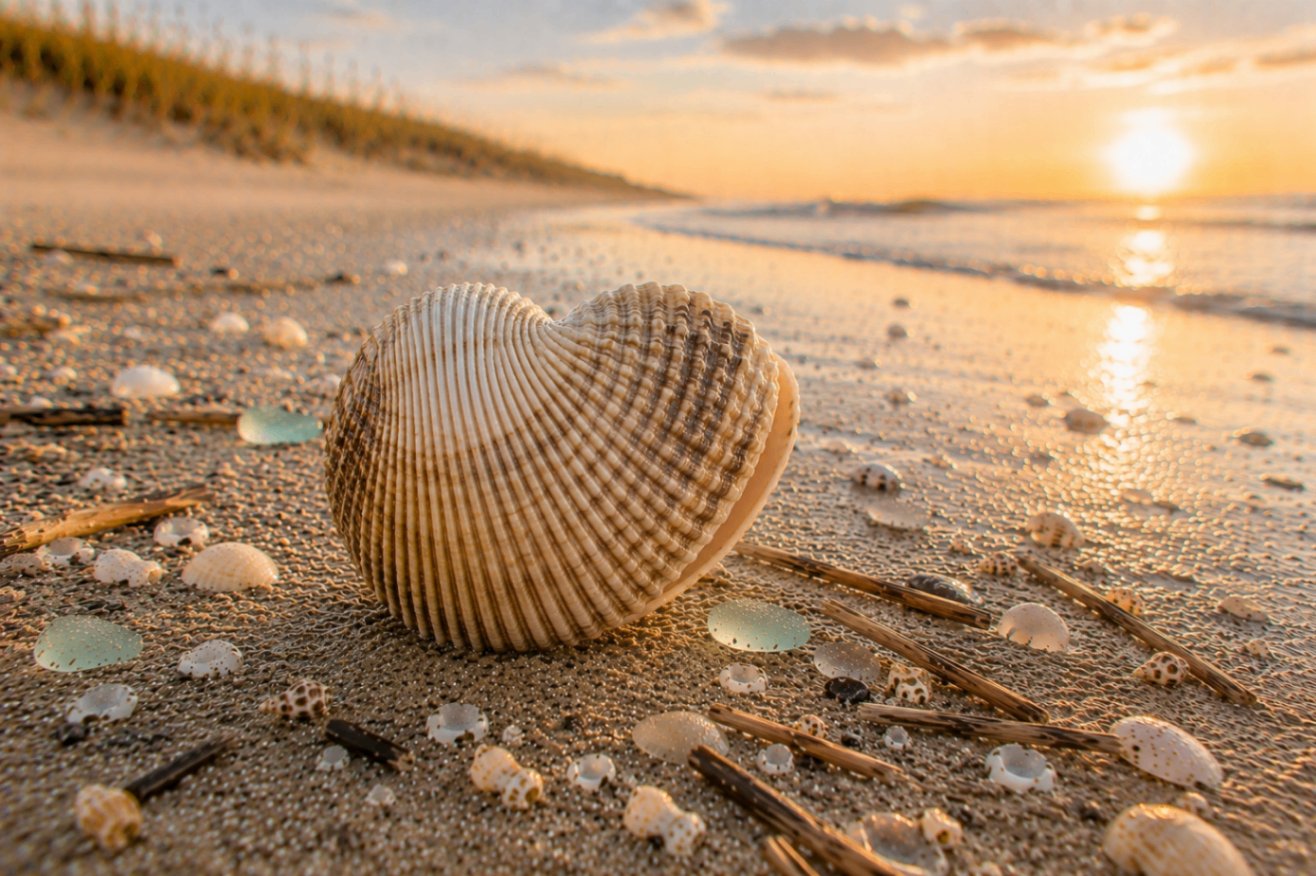 A heart-shaped ribbed cockle shell standing upright on sand at sunset, surrounded by tiny shells, sea glass, and beach grass.