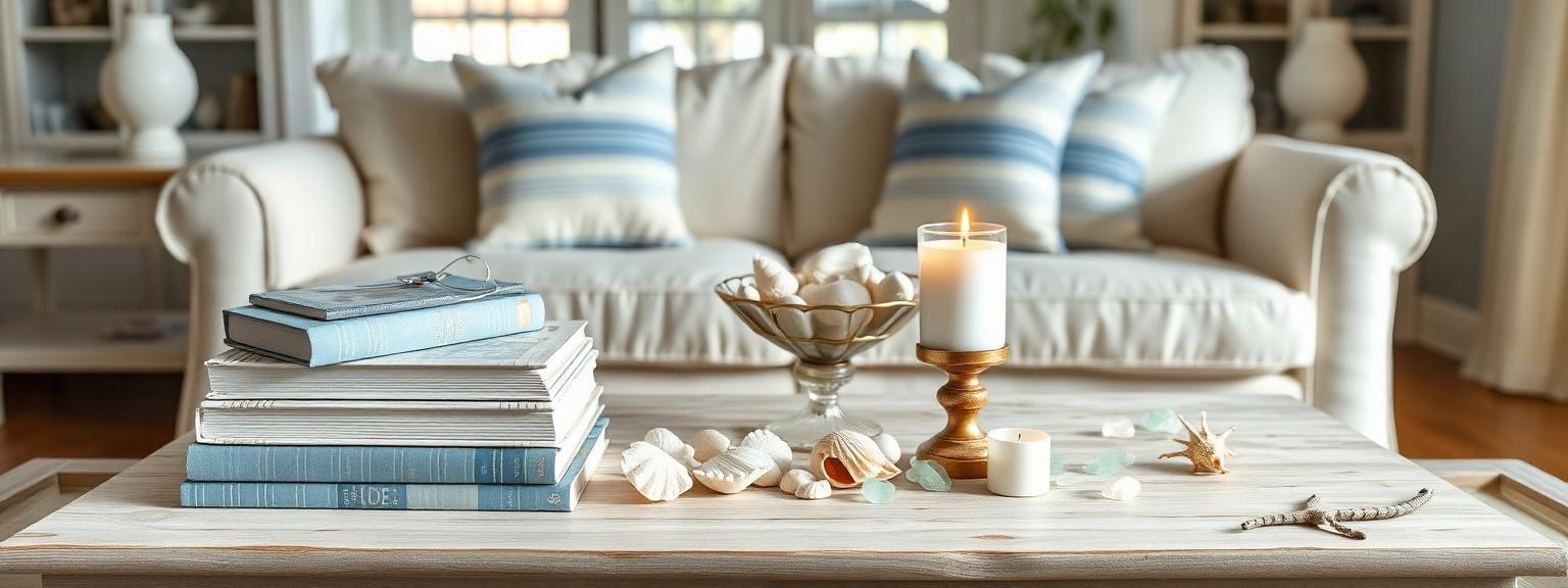 A styled coastal coffee table with a stack of decorative books, a bowl of shells, and a candle