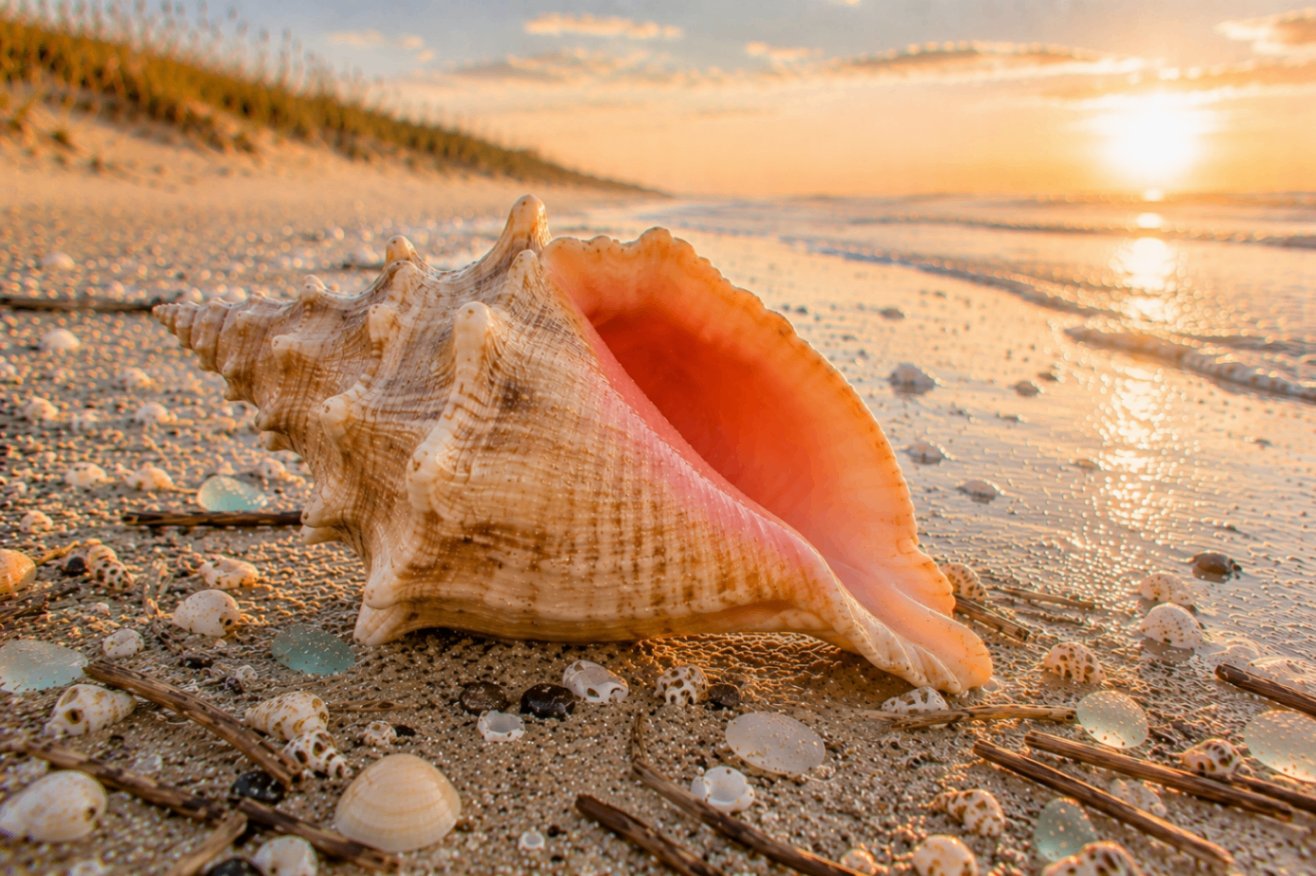 A large conch shell with a glowing pink aperture and knobbed spire resting on shell-strewn sand at sunset with the tide rolling in beyond.