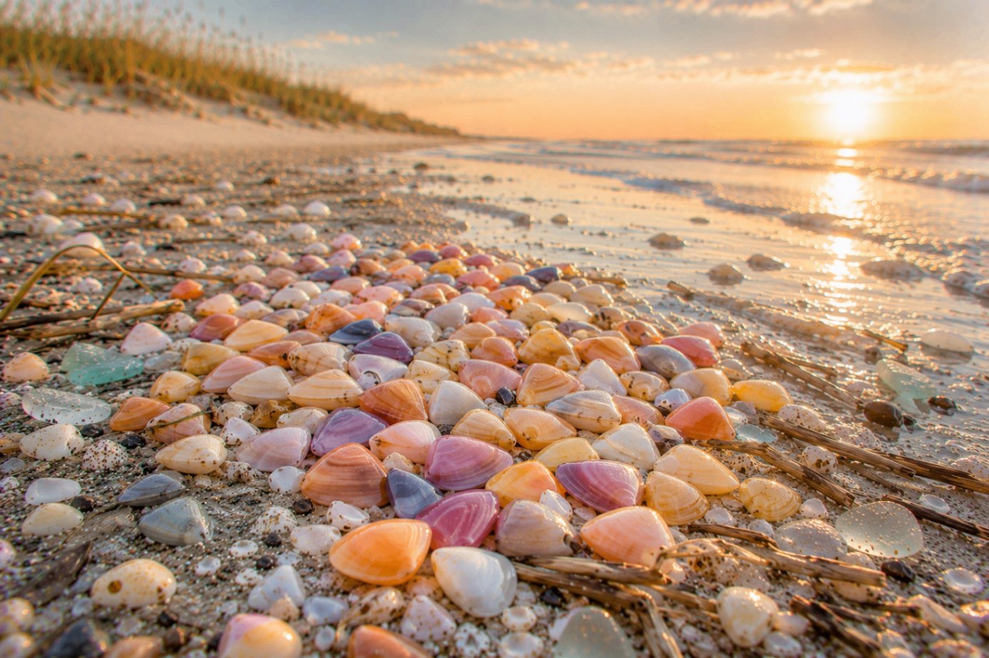 A vibrant scatter of coquina clam shells in pinks, purples, oranges, and creams strewn along the wet tide line at sunset.