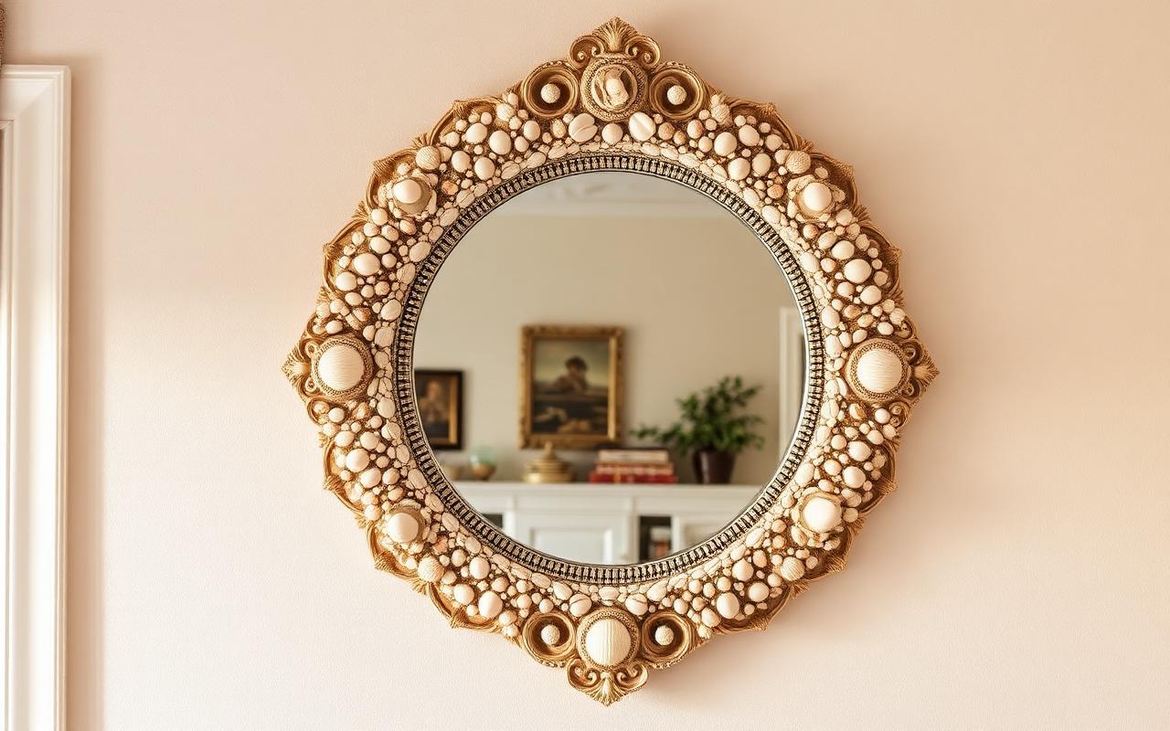 An ornate mirror densely framed with layered seashells displayed on a coastal interior wall
