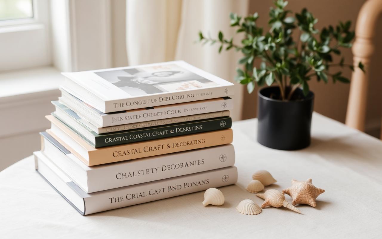 A stack of coastal craft and decorating books on a linen table beside a few seashells
