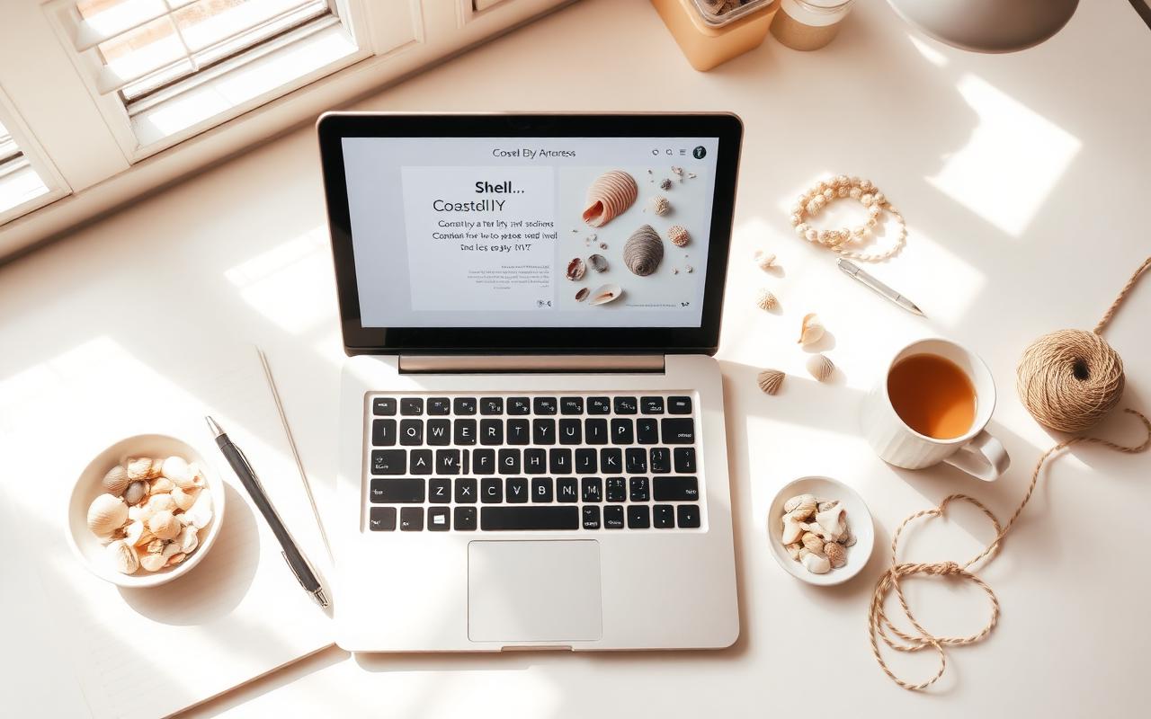 A bright craft desk with a laptop showing a coastal DIY tutorial, sorted shells, twine and coffee