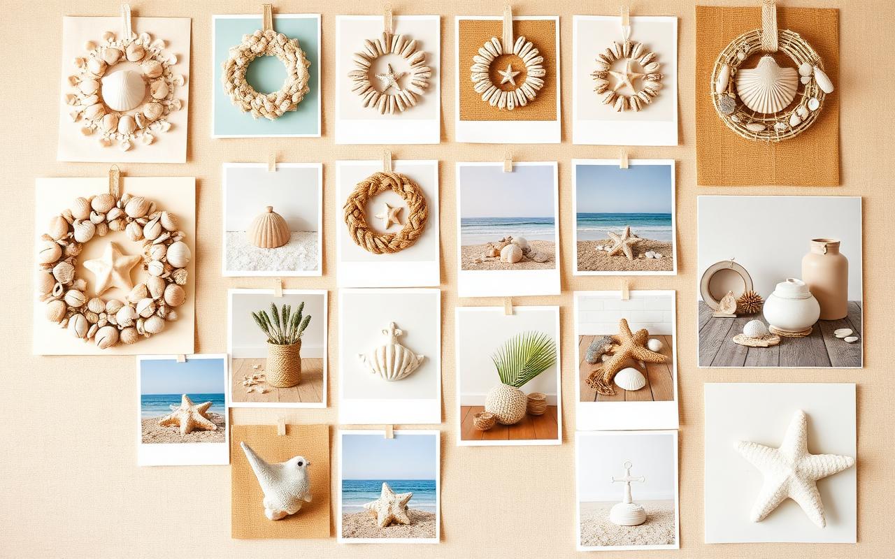 A coastal craft inspiration board pinned with seashell wreaths, ornaments and centerpieces