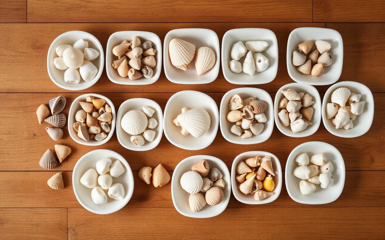 Seashells sorted into small white dishes by size, shape and color on a wooden table