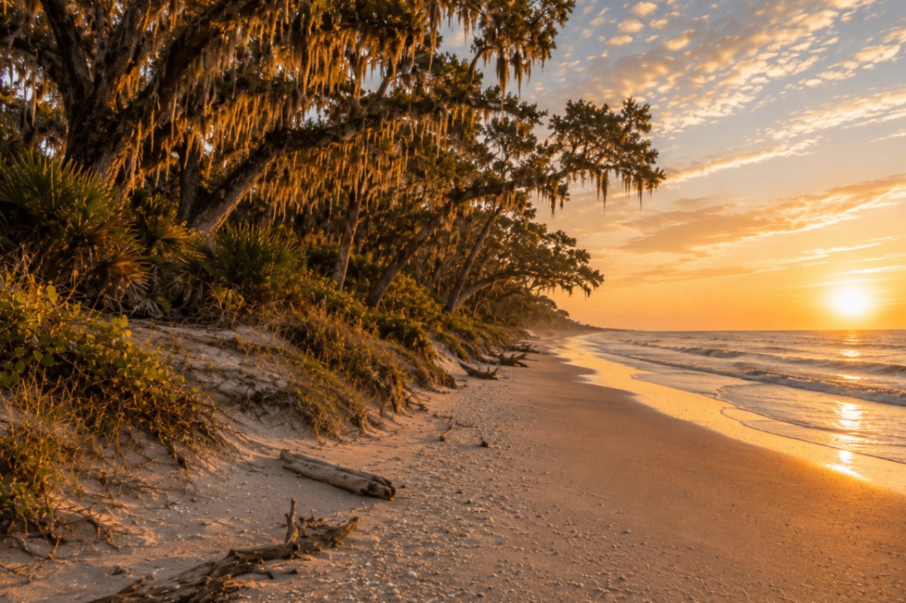 Cumberland Island at golden hour — moss-draped live oaks lean over a wild Georgia shore with driftwood scattered across the sand.