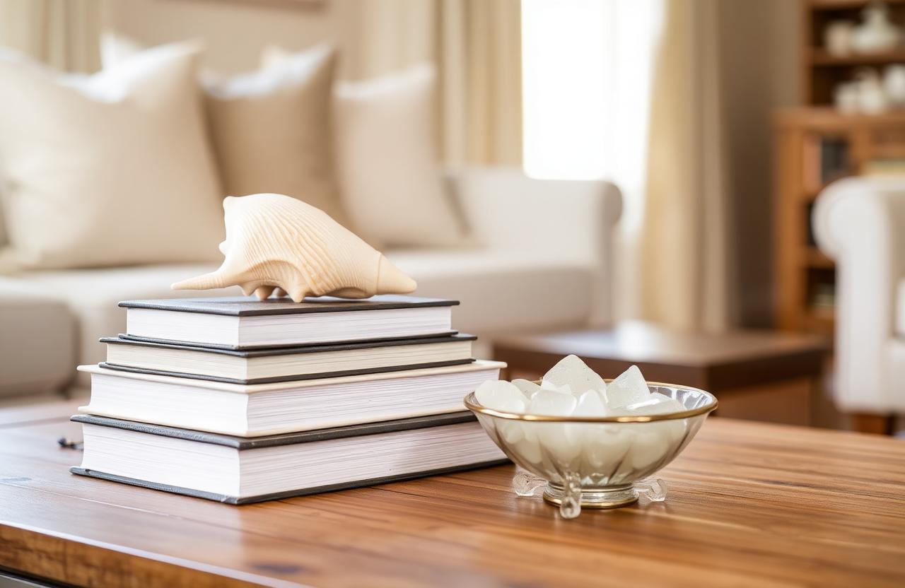 Coffee table styled with a bowl of shells and books