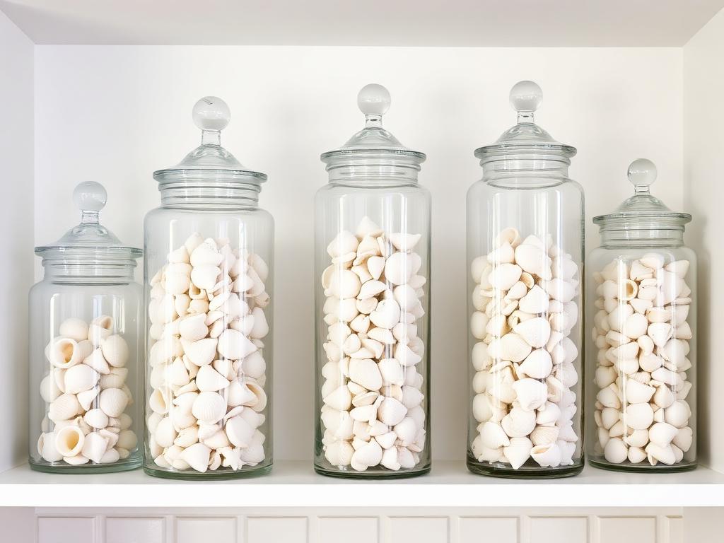 Three matching apothecary jars filled with graduated sizes of seashells