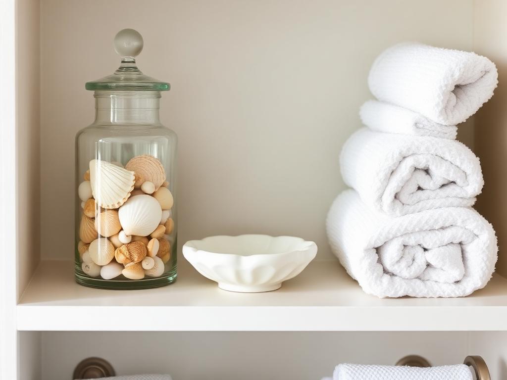 Shells styled on a bathroom vanity with soaps and a small dish