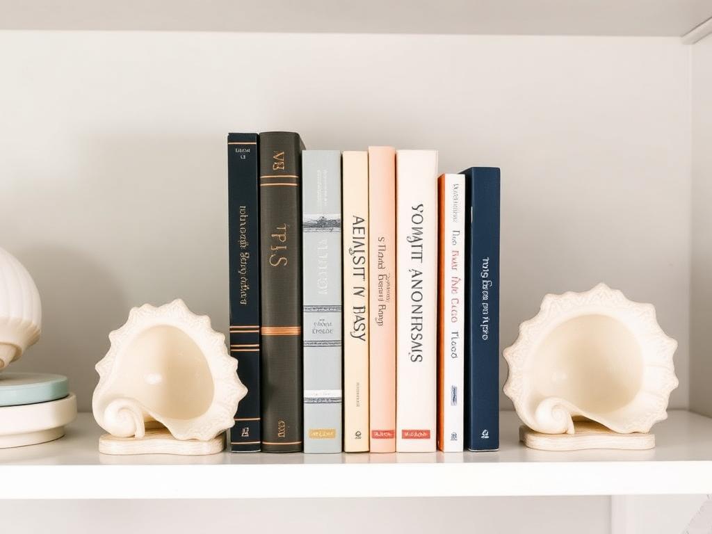 A pair of large conch shells used as bookends on a shelf