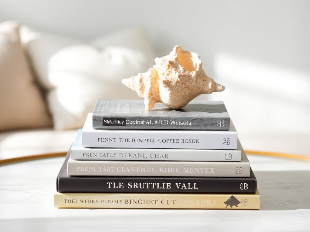 Seashells used as bookshelf accents between stacks of books