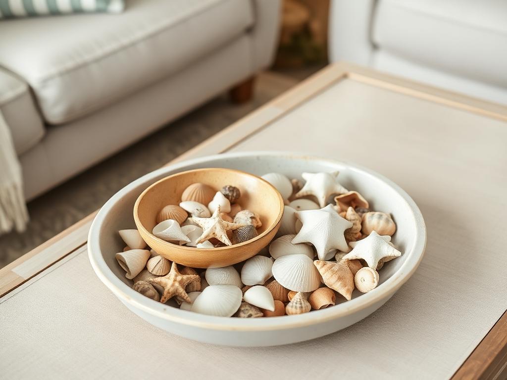 Shallow ceramic bowl and tray of mixed seashells and sand dollars on a table