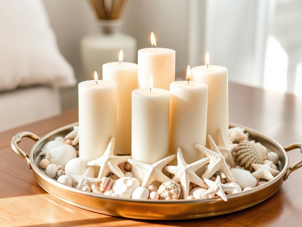 A cluster of pillar candles surrounded by scattered seashells