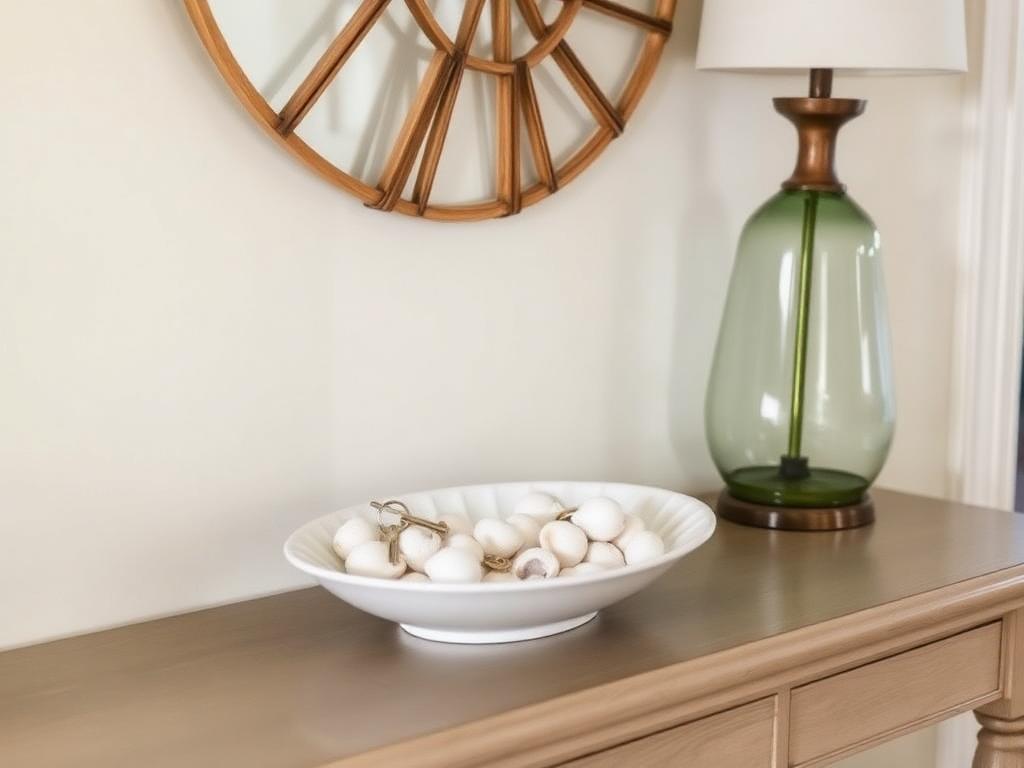 A bowl of shells on an entry console holding keys and small items