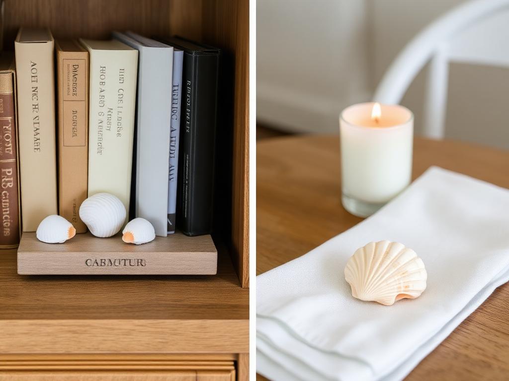 Small seashells tucked among books and around a candle with a scallop on linen