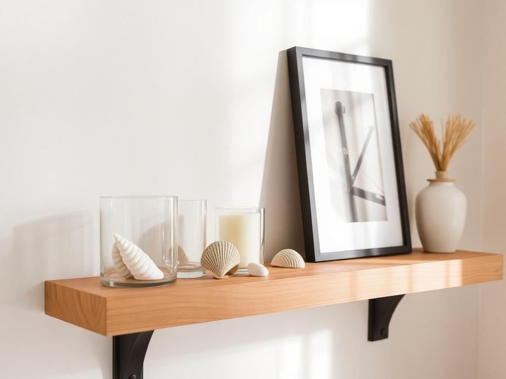 A floating wood shelf styled with shells, coral and a small frame