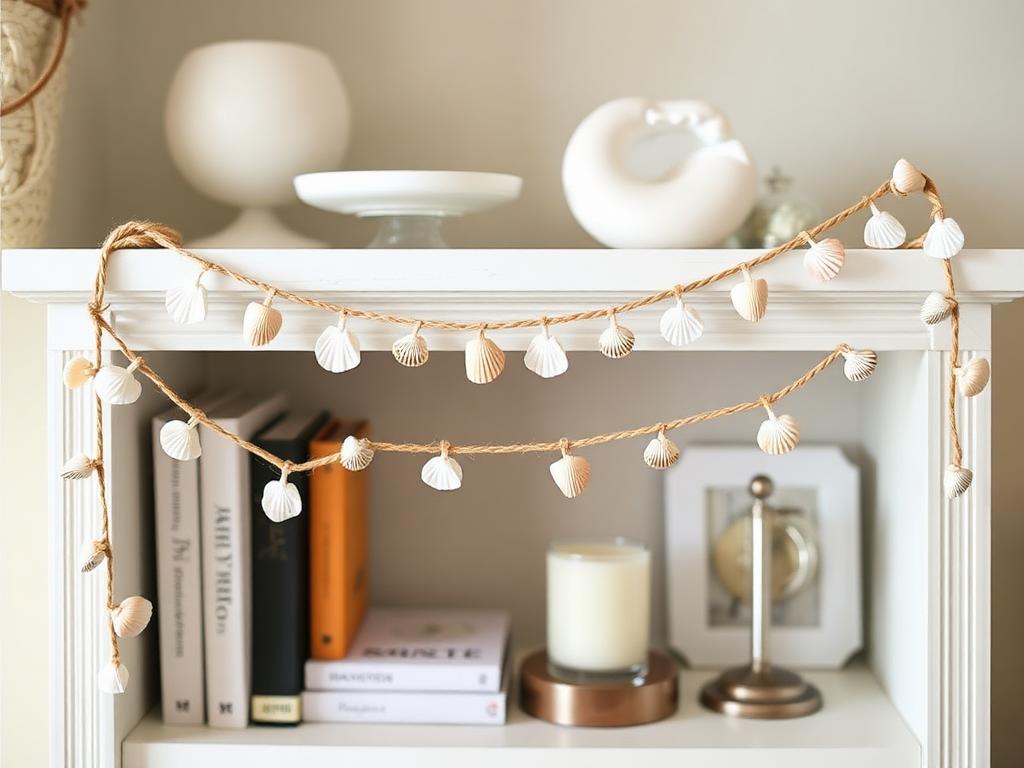 A string garland of small shells draped along a shelf
