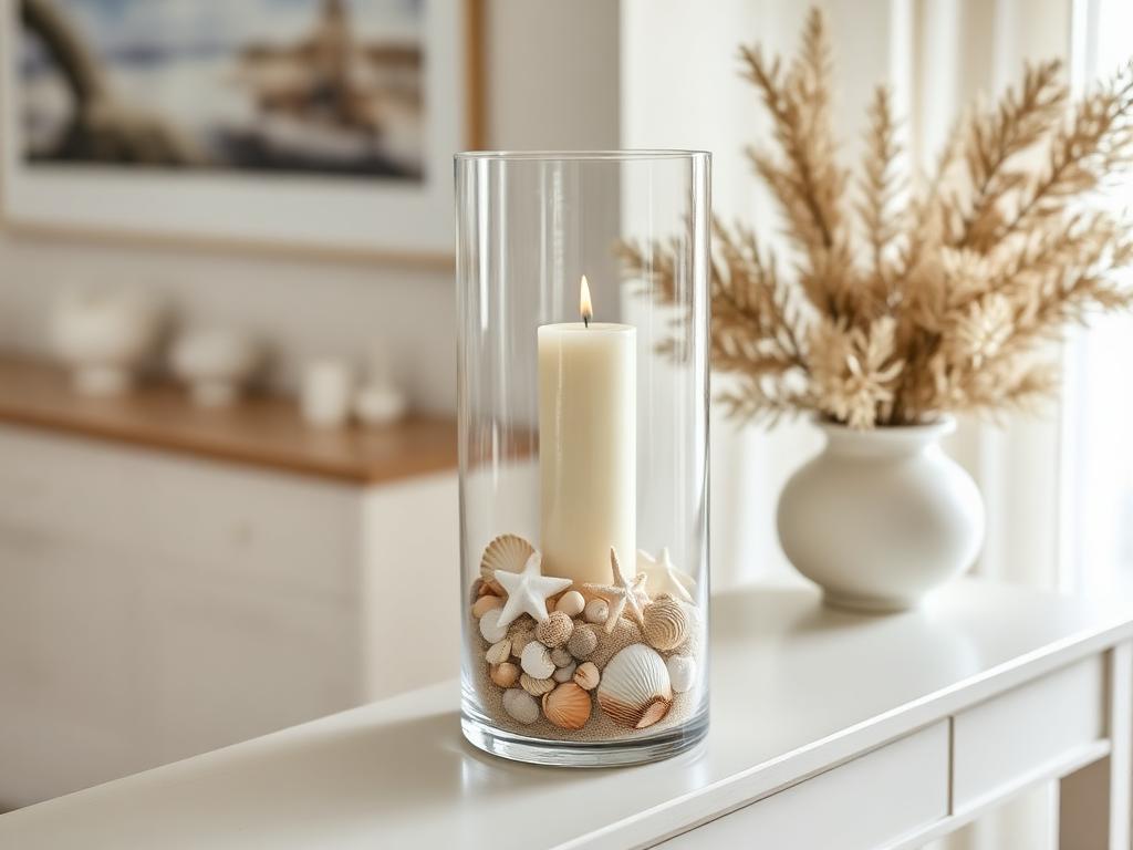 A tall glass hurricane vase filled with shells around a pillar candle