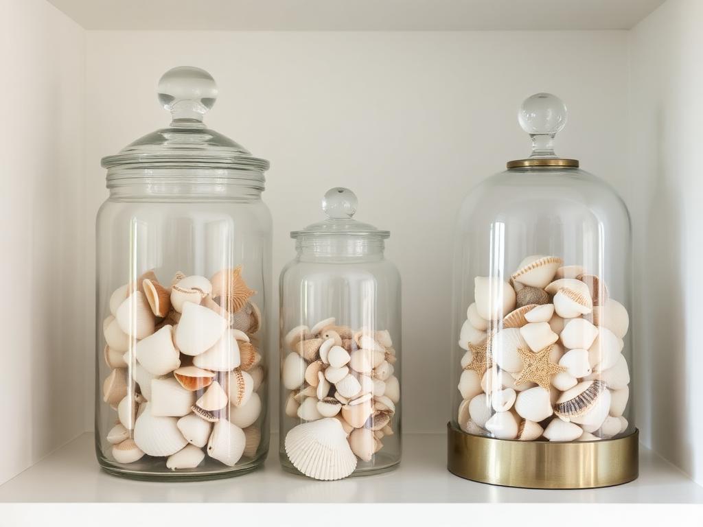 Glass apothecary jars and a cloche filled with sorted seashells on a styled shelf