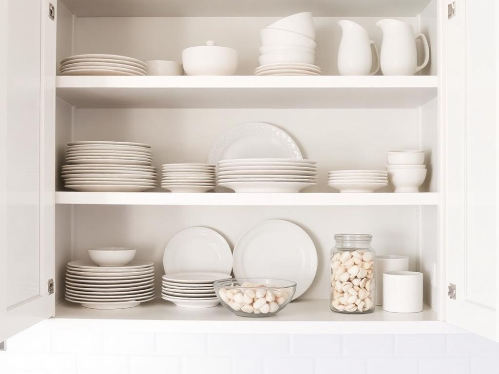 Seashells displayed on an open kitchen shelf among ceramics