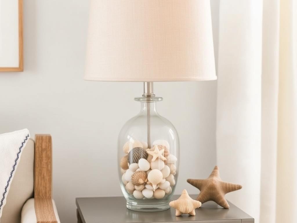 A clear glass lamp base filled with layered seashells and sand