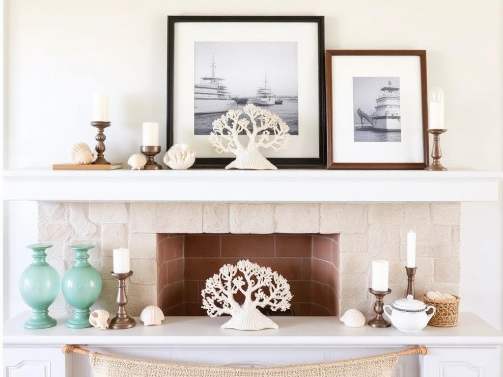 A mantel styled with shells, candles and a framed beach print