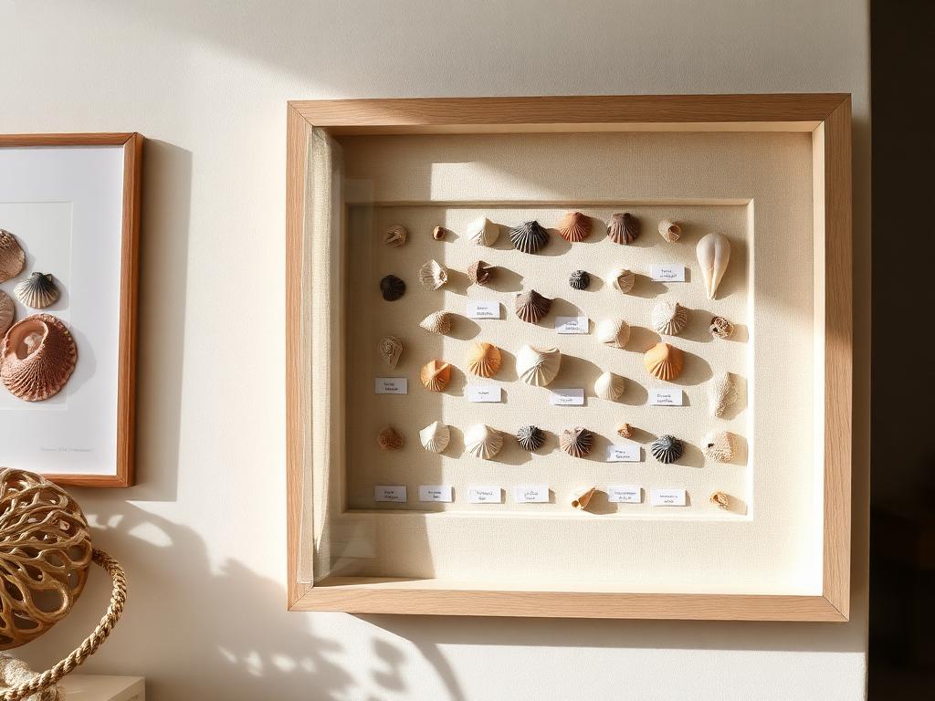 Linen-backed shadow box displaying mounted seashell specimens with small labels
