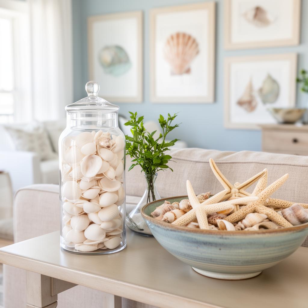 Seashells displayed in glass jars, shadow boxes and bowls on a styled shelf