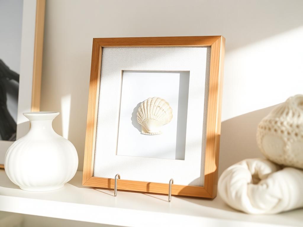 One perfect scallop shell mounted and framed against neutral linen