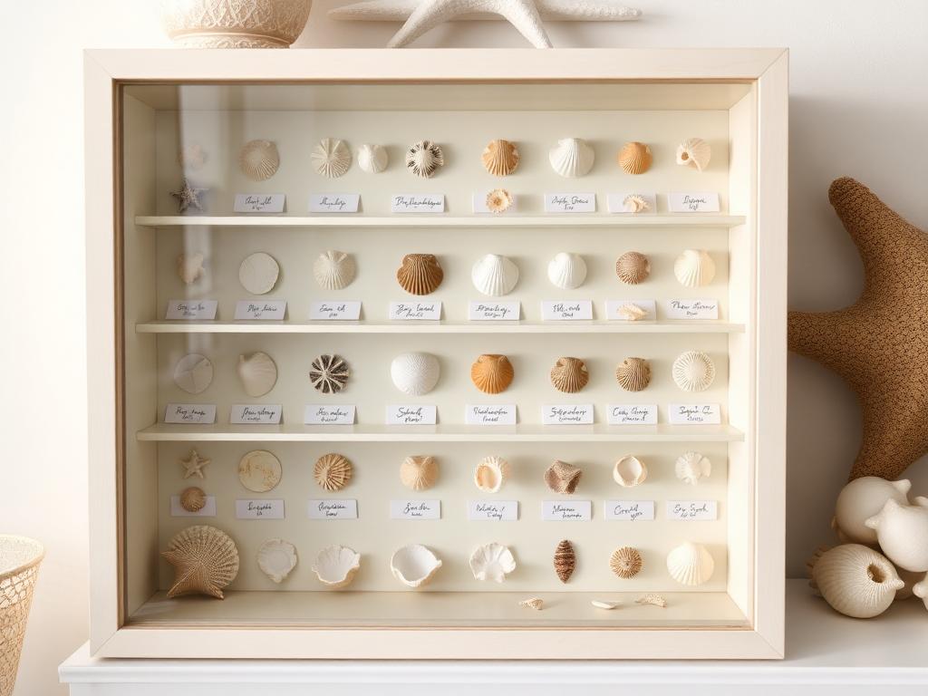 A compartmented wooden specimen case holding individual labeled seashells