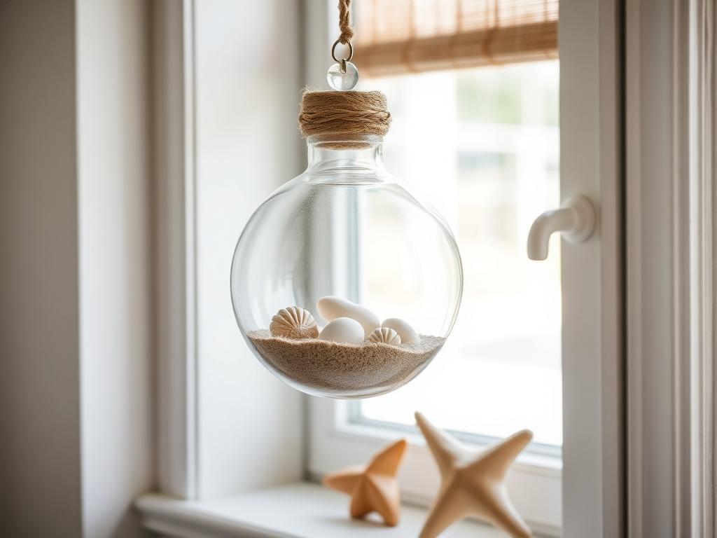A glass terrarium filled with sand, shells and a small air plant
