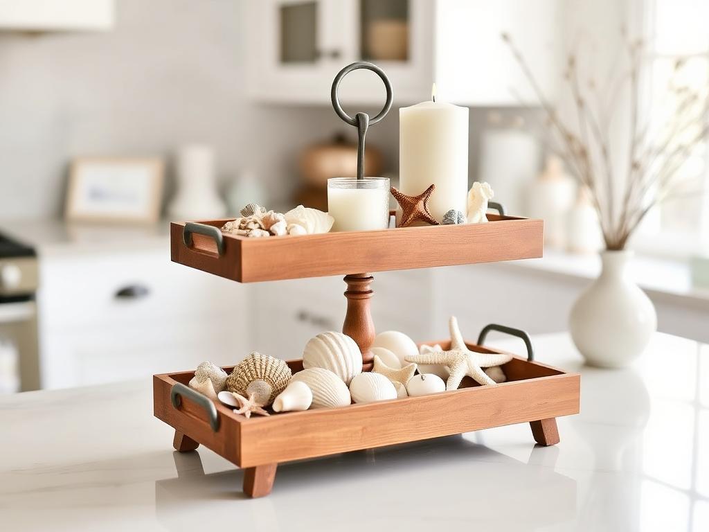 A two-tier tray styled with shells, a candle and a small plant
